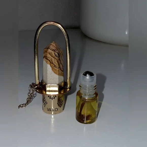 NWOT - Handmade Brass Essential Oil Rollerball Necklace with Ocean Jasper Stone - Picture 10 of 11